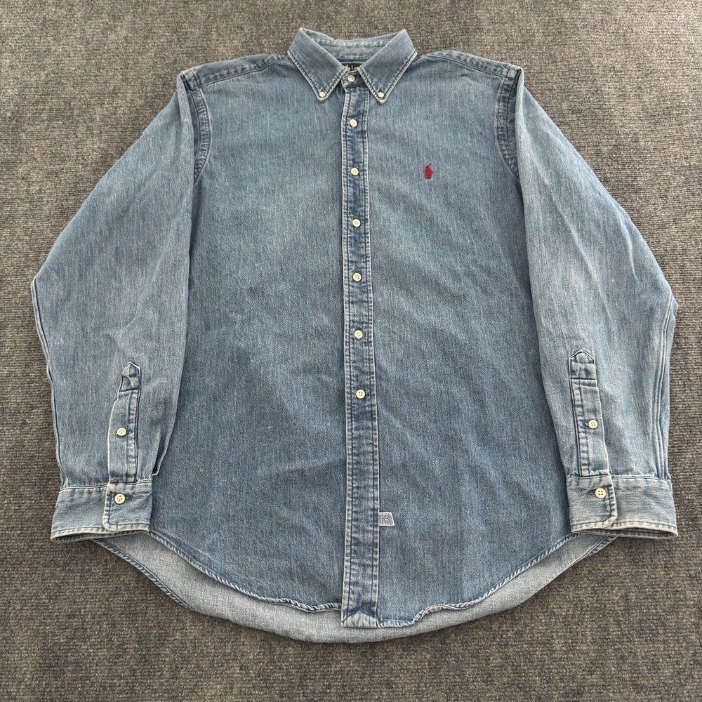 Vintage Polo Ralph Lauren Medium Wash Blue Denim Button Down Shirt Mens XL